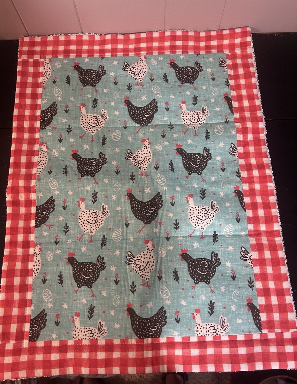 Handmade Chicken Print Fabric Placemat Kitchen Towel Red White Gingham Farmhouse